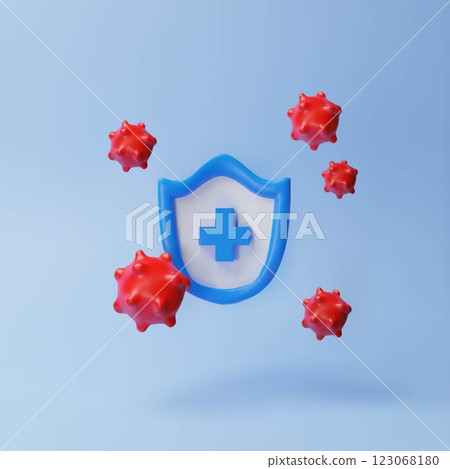 Virus prevention, 3D vector cartoon red bacterium molecules protection, viral or germ cell and medical shield with cross 123068180