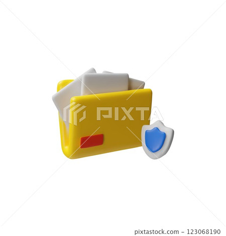 3D vector of yellow folder with white paper pages inside and blank shield. 123068190