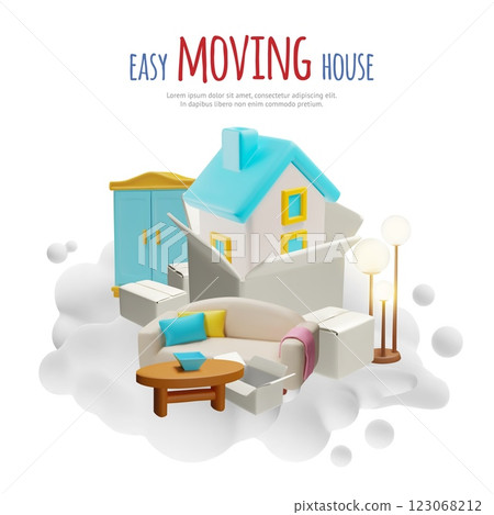 Easy moving house 3D poster vector design, cardboard boxes stack, table, sofa and closet, furniture delivery service 123068212
