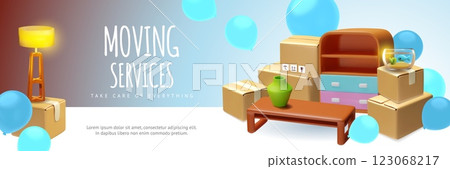 Moving services 3D landing page banner vector design, delivery cardboard boxes stack, table, lamp, aquarium with balloon Moving services 3D landing page banner vector design, delivery cardboard boxes stack, table, lamp, aquarium with balloon 123068217