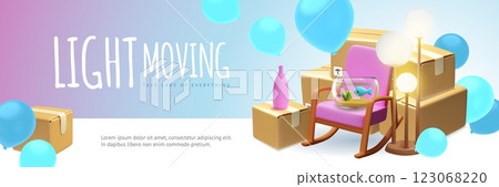 Light moving service 3D landing page banner vector design, cardboard boxes stack, armchair, lamp with balloons delivery 123068220