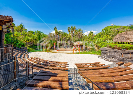Beautiful landscape of humid tropical jungle amusement park. 123068324