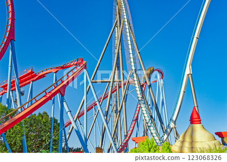 Roller Coaster in funny amusement park. Roller Coaster in funny amusement park. 123068326