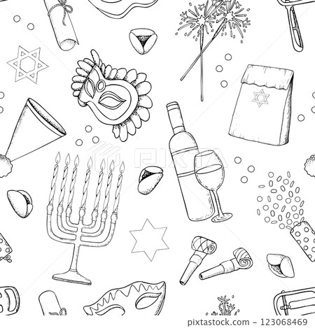 Line Purim symbols seamless pattern in black and white vector illustration. Israel holiday menorah with candles, Torah Esther scroll, mask, raashan, cookies and wine for carnival celebration 123068469