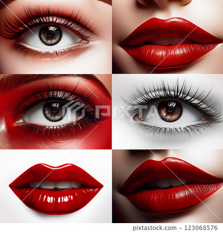 3d rendering young woman with red lipstick and eyes 123068576