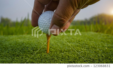Hand hold golf ball with tee on course, golf course background. 123068631