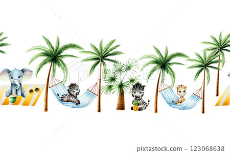 Seamless border, banner. Cute baby giraffe on striped hanging hammock with Green palm trees, elephant with coconut under palm. Lazy summer clipart. Watercolor hand drawn floral jungle illustration 123068638