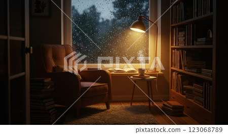 Cozy reading nook with armchair, lamp, and books by a rainy window evening 123068789