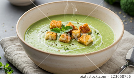 Creamy broccoli soup with croutons and fresh herbs in rustic ceramic bowl 123068796