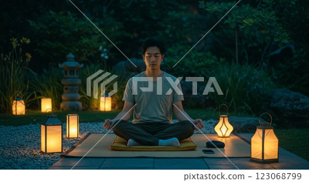 Serene meditation with lanterns in zen garden at dusk 123068799