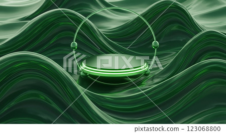 Futuristic green abstract podium on wavy metallic surface 123068800