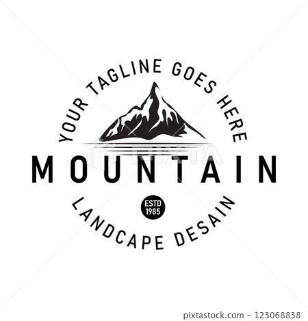 Logo illustration with Mountain and Lake Symbol in Vintage emblem style, creating a Classic and Aesthetic look. This design is suitable for Travel Company, Nature Lovers Community 123068838