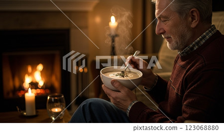 Cozy evening with steaming soup by fireplace for relaxed comfort 123068880