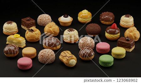 Assorted colorful pastries and macarons on black background 123068902
