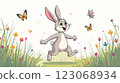 The illustration shows a wild hare in cartoon format walking through a meadow 123068934