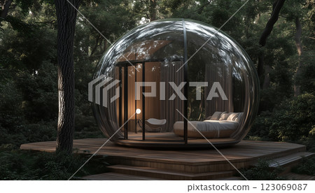 Modern House Inside a Transparent Bubble Representing Protection and Property Insurance Modern House Inside a Transparent Bubble Representing Protection and Property Insurance 123069087