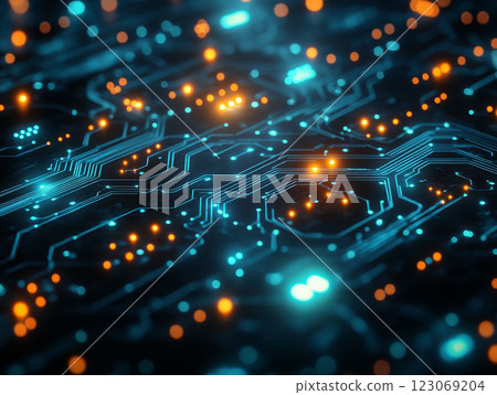 Futuristic abstract pattern with digital lines and glowing lights, computer motherboard. Technology, innovation, and connectivity. Concept of tech, digital 123069204