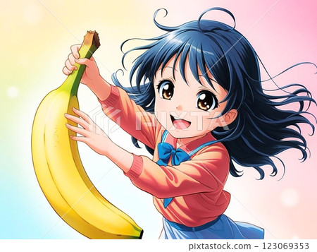 Anime style illustration of a cute girl holding a big banana 123069353