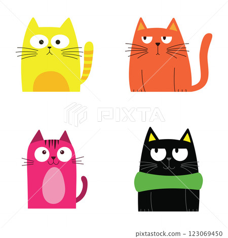 Set of Colorful Funny Naughty Cat Pet Animal Cartoon Character with Cute Expression 123069450