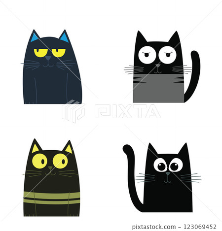 Set of Black Cute Naughty Cat Animal Cartoon Character with Humor Curious Lazy Face Set of Black Cute Naughty Cat Animal Cartoon Character with Humor Curious Lazy Face 123069452