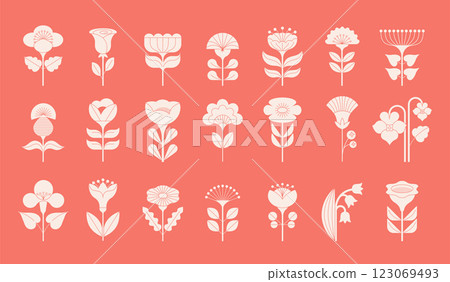 Geometric flowers collection, Nordic, Scandinavian style flowers illustrations. Red, blue modern 123069493