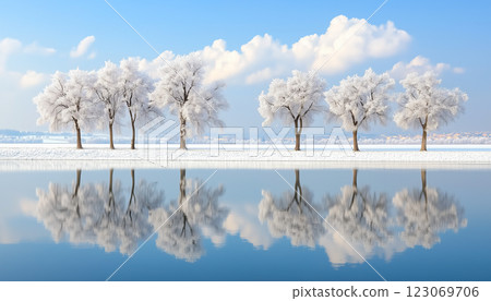 Serene Winter Landscape with Frost-Covered Trees and Reflections on Calm Lake Water 123069706