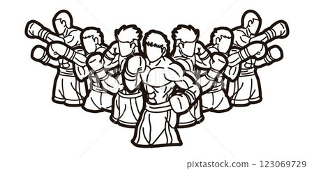 Boxing Sport Kickboxing Mix Action Muay Thai Group of Fighter Cartoon Graphic Vector 123069729