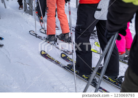 Skiers in Line at a Snowy Ski Resort 123069793