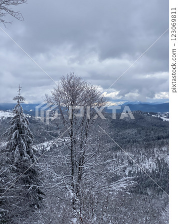 Snowy Mountain Landscape Under Cloudy Sky Snowy Mountain Landscape Under Cloudy Sky 123069811