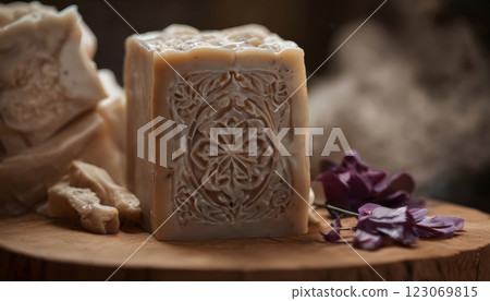 Artisan Soap with Carved Patterns on Rustic Wooden Surface 123069815