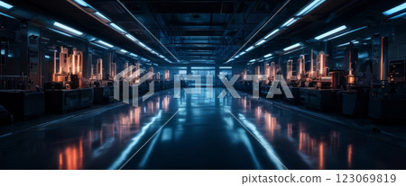 Modern Robotics Laboratory with Futuristic Equipment and Advanced Lighting Effects Modern Robotics Laboratory with Futuristic Equipment and Advanced Lighting Effects 123069819