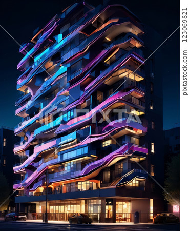 Modern Apartment Building with Vibrant Illuminated Facade at Night 123069821