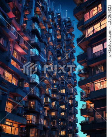 Modern High-Rise Architecture Illuminated at Night with Vibrant City Lights 123069822