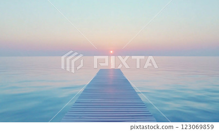 Serene Wooden Pier Over Calm Sea at Sunrise, Tranquil Seascape with Pastel Sky 123069859