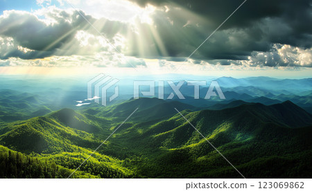 Panoramic View of the Great Smoky Mountains with Sun Rays and Verdant Valleys 123069862
