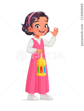 Cute Arab girl holding lantern celebrating Ramadan. Cartoon vector illustration. 123069889