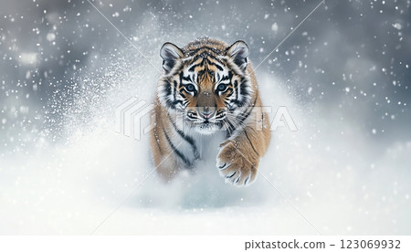 Siberian Tiger Cub Running Through Snow in a Winter Landscape 123069932