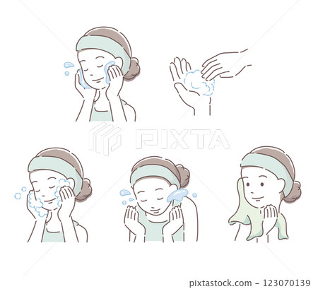 一名婦女洗臉的插圖集 向量圖形 一名婦女洗臉的插圖集 向量圖形 123070139