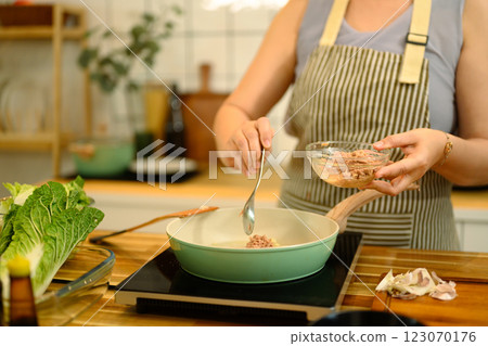 Close up of adult woman adding minced meat into a frying pan while preparing a homemade meal 123070176