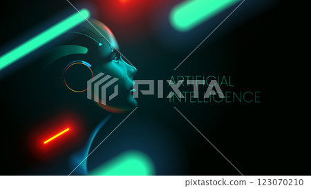 AI. Artificial intelligence robot in human face or head concept. Artificial neural network in woman head looking at up. AI mind. Clever face ai in green, red neon light. Head cyborg or robot wise look 123070210