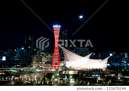 Illuminated Kobe Port Tower, Maritime Museum and half moon 123070246
