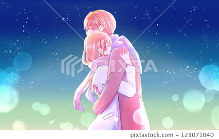 Man and woman embracing each other, winter, backlit, night 123071040