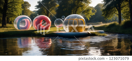 inflatable balloon floating in the river 123071079