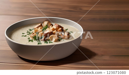 A bowl of soup with chicken and vegetables 123071080