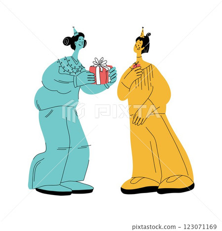 Gift for best friend, gift giving and gift exchange on holiday, people color spots 123071169