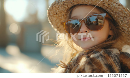Charming three-year-old girl enjoying a sunny day outdoors wearing stylish sunglasses and a straw hat Charming three-year-old girl enjoying a sunny day outdoors wearing stylish sunglasses and a straw hat 123071237