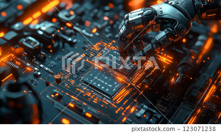 Close-up view of a robotic arm delicately interacting with a computer circuit board and microchips Close-up view of a robotic arm delicately interacting with a computer circuit board and microchips 123071238