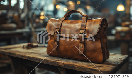 Handmade leather bag crafted by skilled artisans in a cozy workshop setting during daylight hours Handmade leather bag crafted by skilled artisans in a cozy workshop setting during daylight hours 123071239