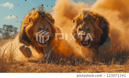 Two male lions engaged in a fierce confrontation in the wild under a clear blue sky during golden hour 123071241