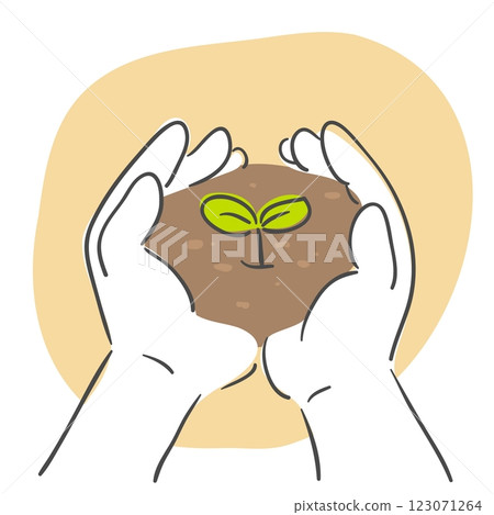 An illustration of hands holding soil and a sprout 123071264